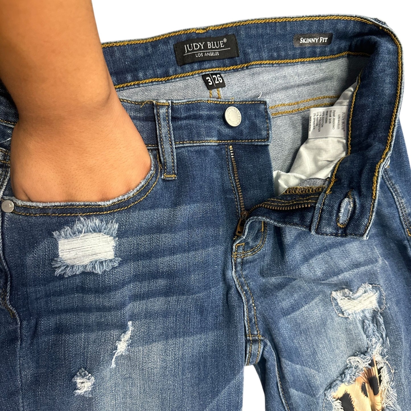 Judy Blue Juniors 3/26 Skinny Fit Ripped Jeans Animal Print Accents Stretch Logo