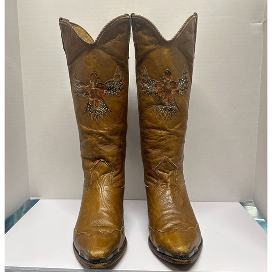 Zodiac USA Cowboy Boots Womens 6.5M Brown Leather Eagle Inlay Metal Caps 70s 80s