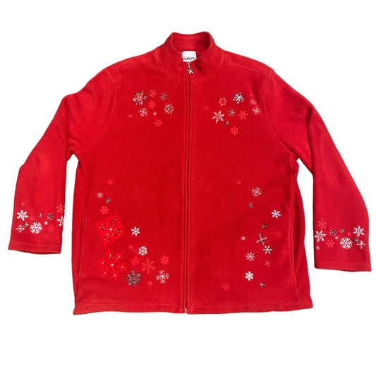 Xmas Fleece Jacket Red Full Zip Pockets Bonworth XL Embroidered Beaded Cozy