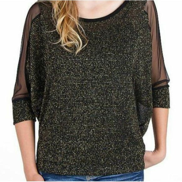 NWT Daytrip Womens L Wide Neck Top Black Metallic Gold Tinsel 3/4 Sheer Sleeves