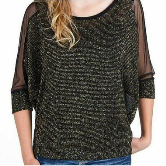 NWT Daytrip Womens L Wide Neck Top Black Metallic Gold Tinsel 3/4 Sheer Sleeves