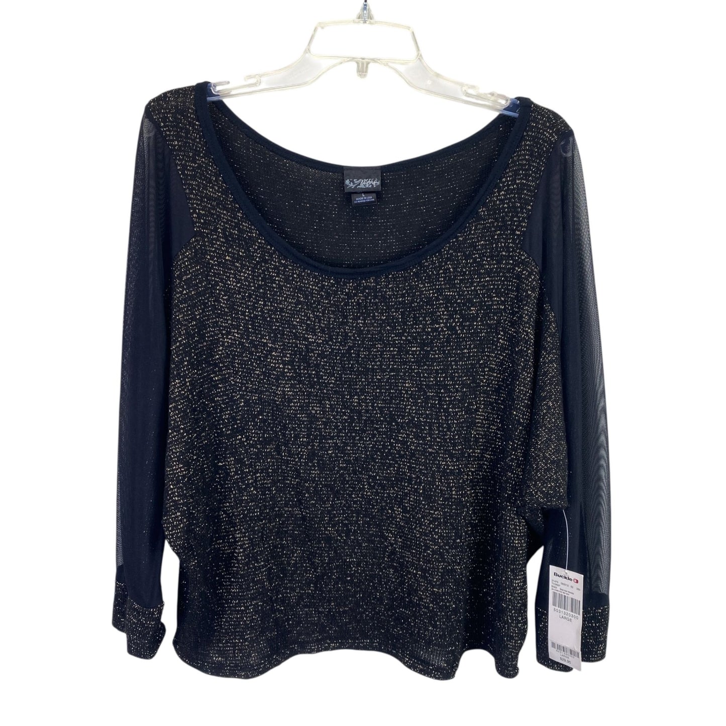 NWT Daytrip Womens L Wide Neck Top Black Metallic Gold Tinsel 3/4 Sheer Sleeves