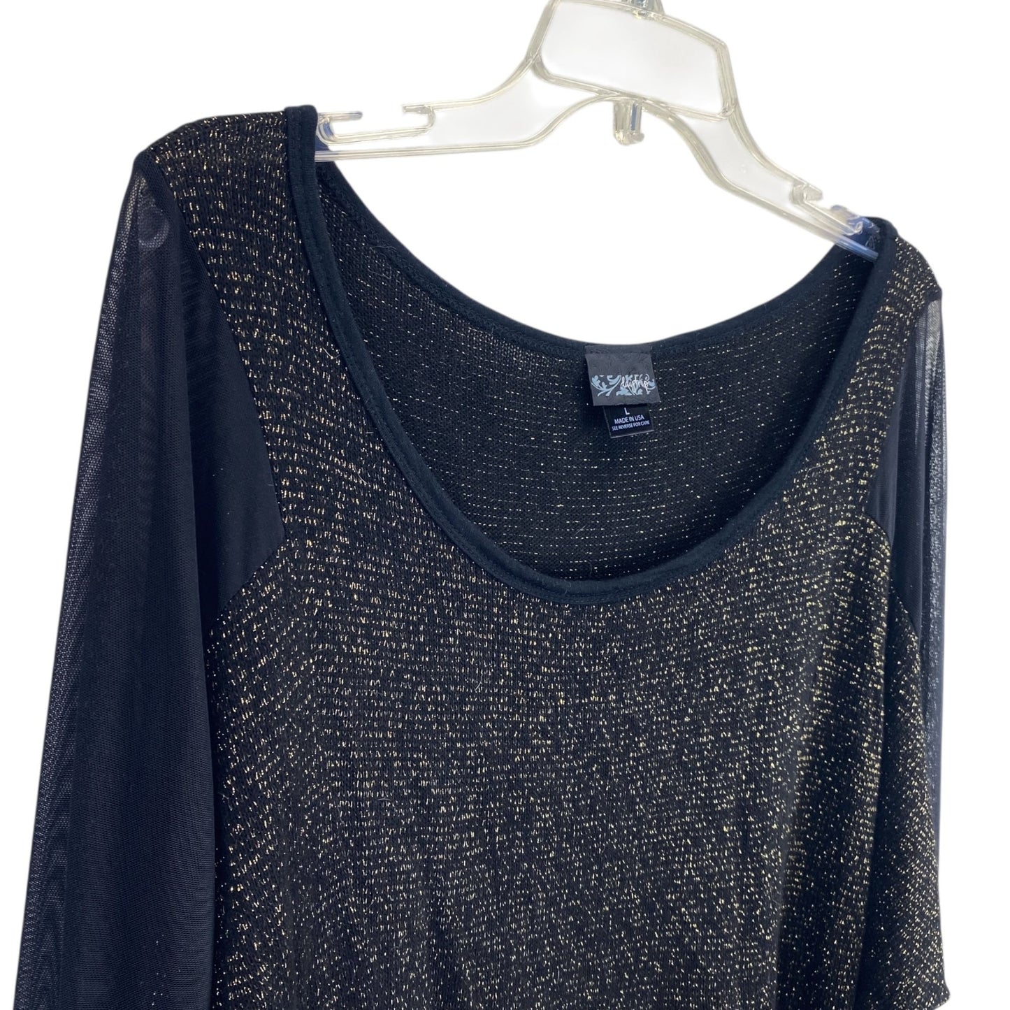 NWT Daytrip Womens L Wide Neck Top Black Metallic Gold Tinsel 3/4 Sheer Sleeves