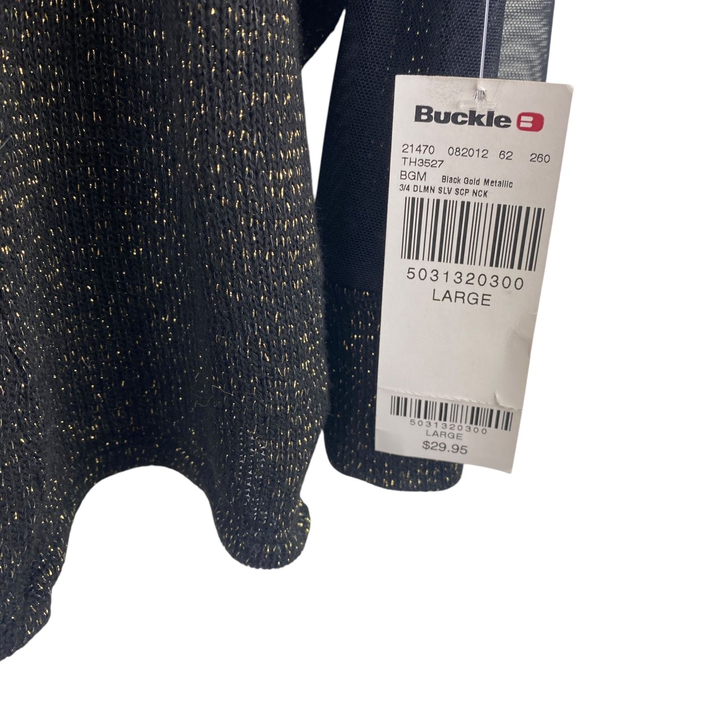 NWT Daytrip Womens L Wide Neck Top Black Metallic Gold Tinsel 3/4 Sheer Sleeves