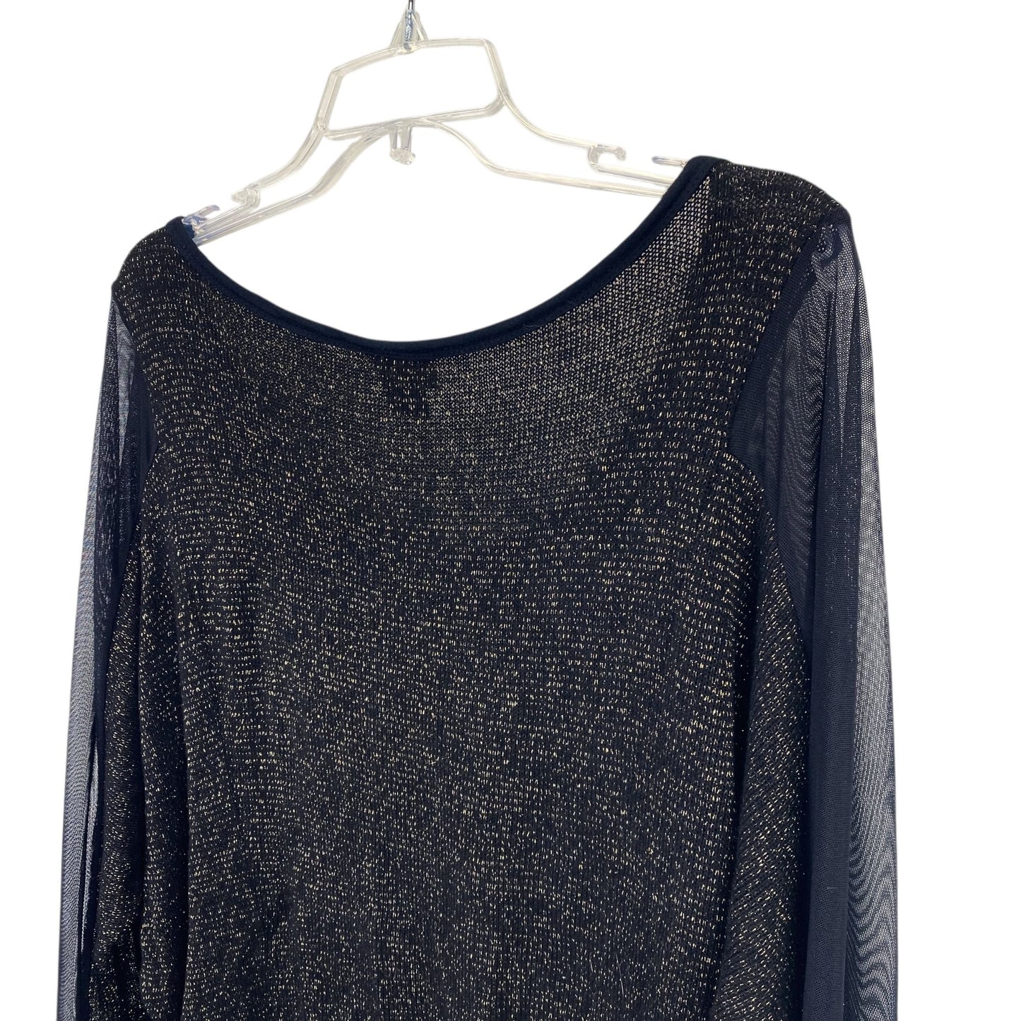 NWT Daytrip Womens L Wide Neck Top Black Metallic Gold Tinsel 3/4 Sheer Sleeves