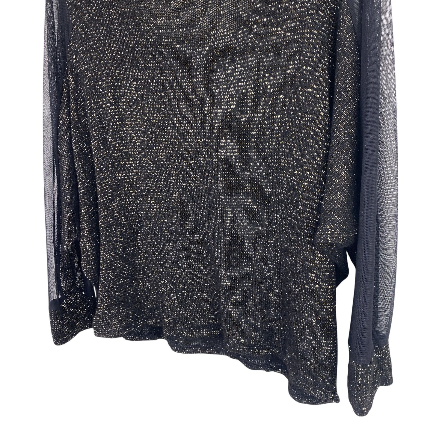 NWT Daytrip Womens L Wide Neck Top Black Metallic Gold Tinsel 3/4 Sheer Sleeves