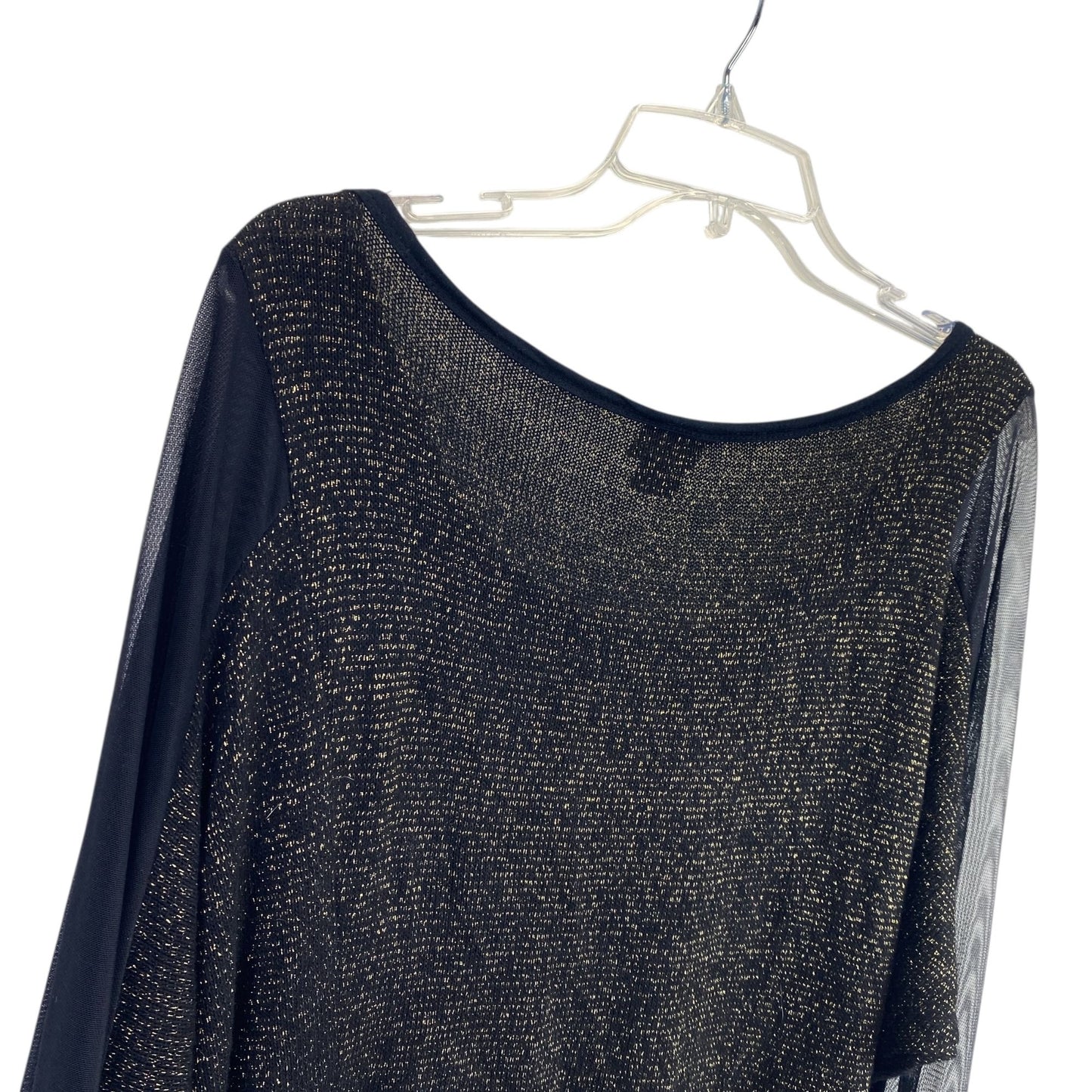 NWT Daytrip Womens L Wide Neck Top Black Metallic Gold Tinsel 3/4 Sheer Sleeves