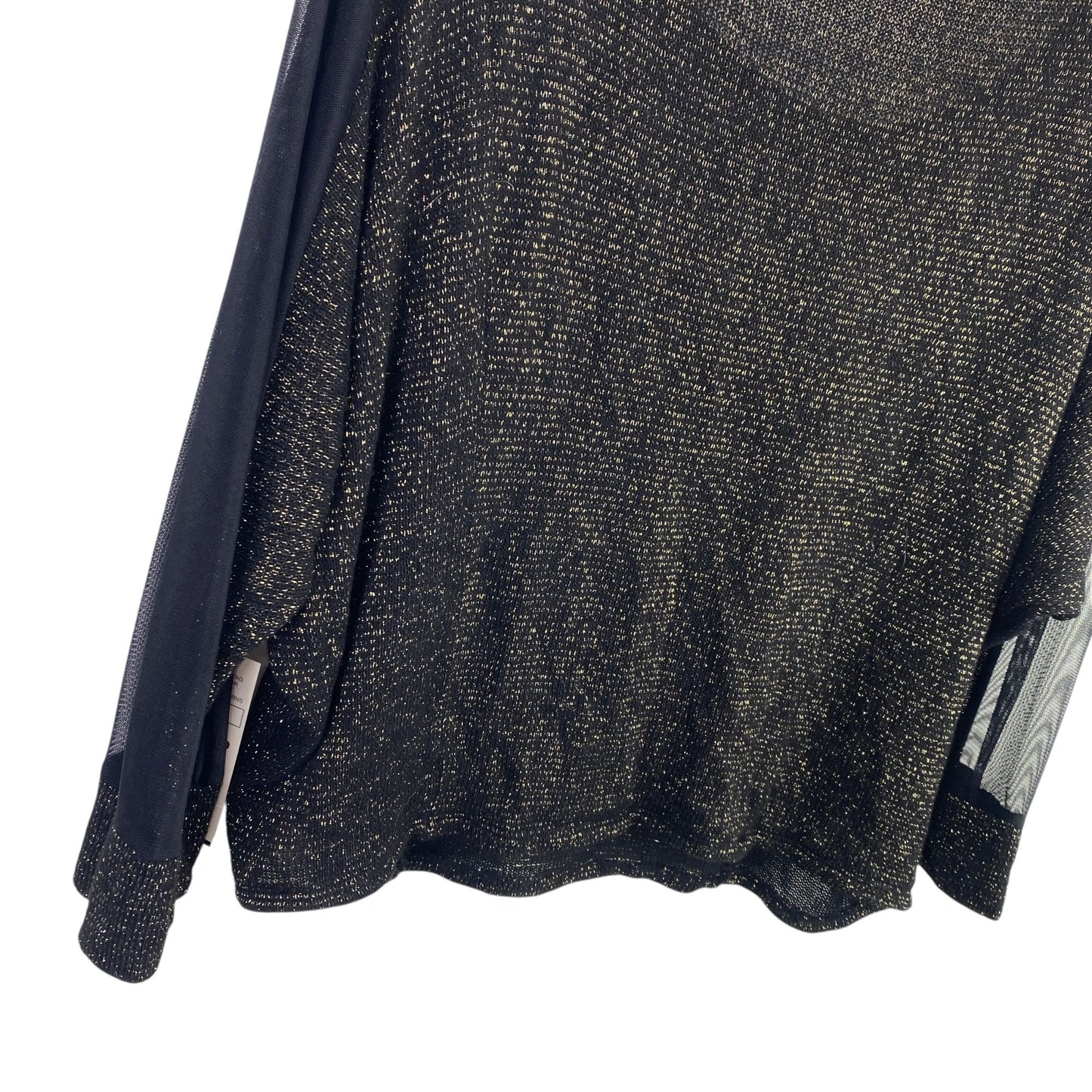 NWT Daytrip Womens L Wide Neck Top Black Metallic Gold Tinsel 3/4 Sheer Sleeves