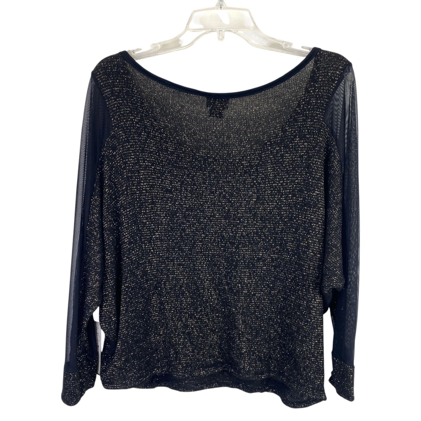 NWT Daytrip Womens L Wide Neck Top Black Metallic Gold Tinsel 3/4 Sheer Sleeves