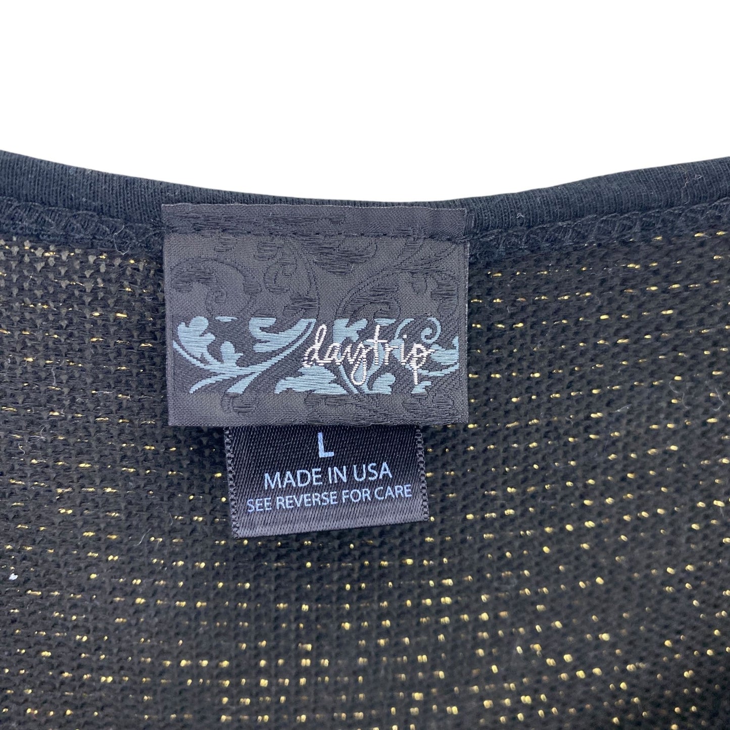 NWT Daytrip Womens L Wide Neck Top Black Metallic Gold Tinsel 3/4 Sheer Sleeves