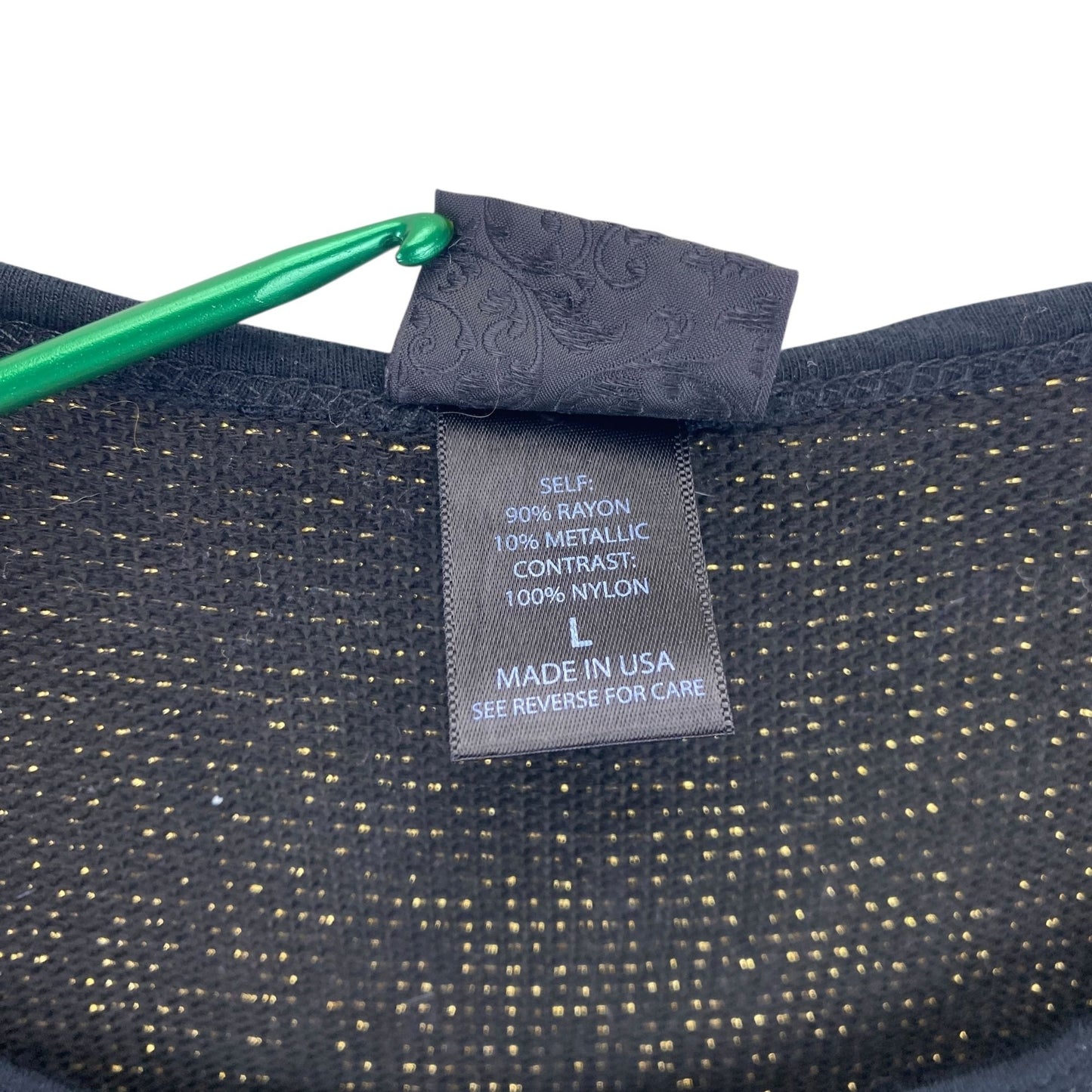 NWT Daytrip Womens L Wide Neck Top Black Metallic Gold Tinsel 3/4 Sheer Sleeves