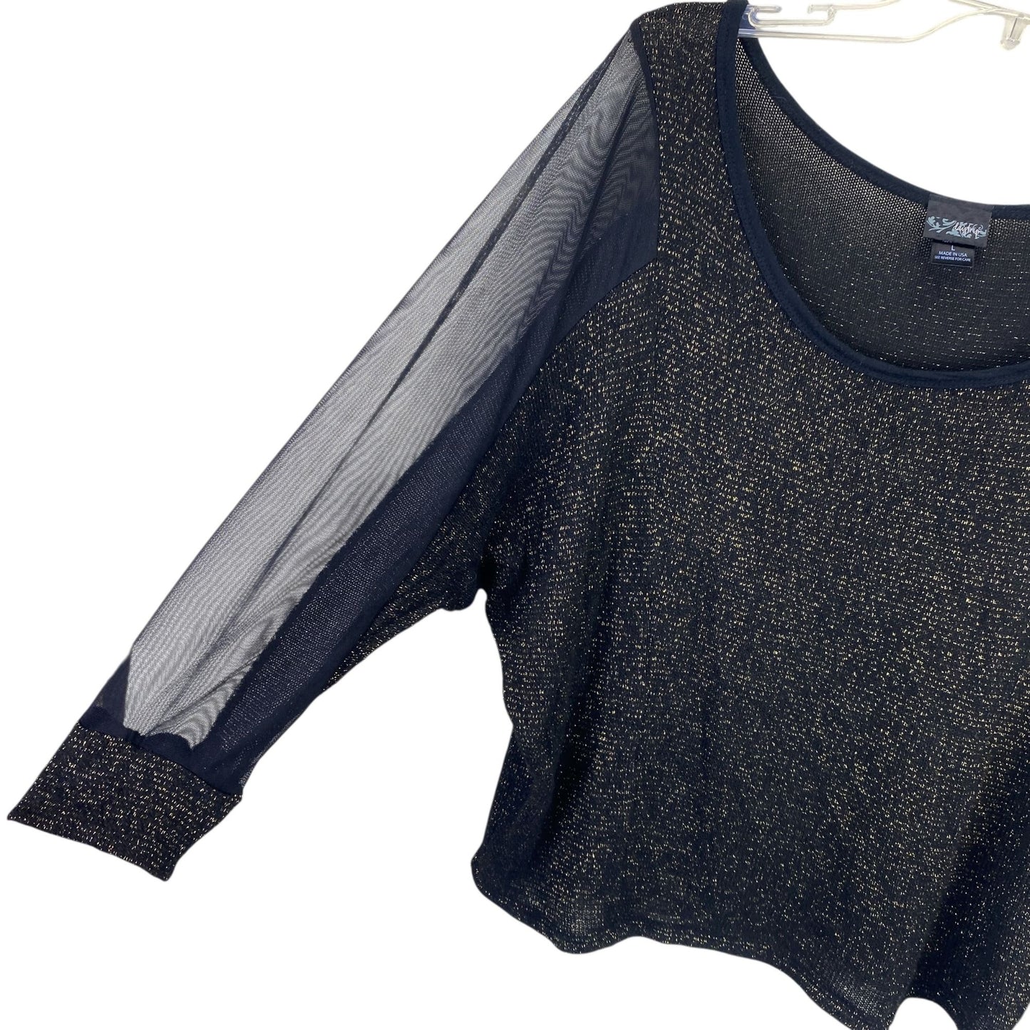 NWT Daytrip Womens L Wide Neck Top Black Metallic Gold Tinsel 3/4 Sheer Sleeves
