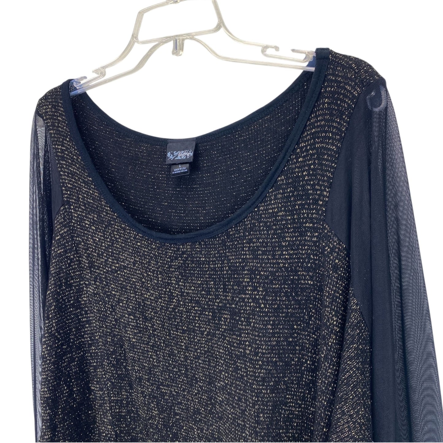 NWT Daytrip Womens L Wide Neck Top Black Metallic Gold Tinsel 3/4 Sheer Sleeves