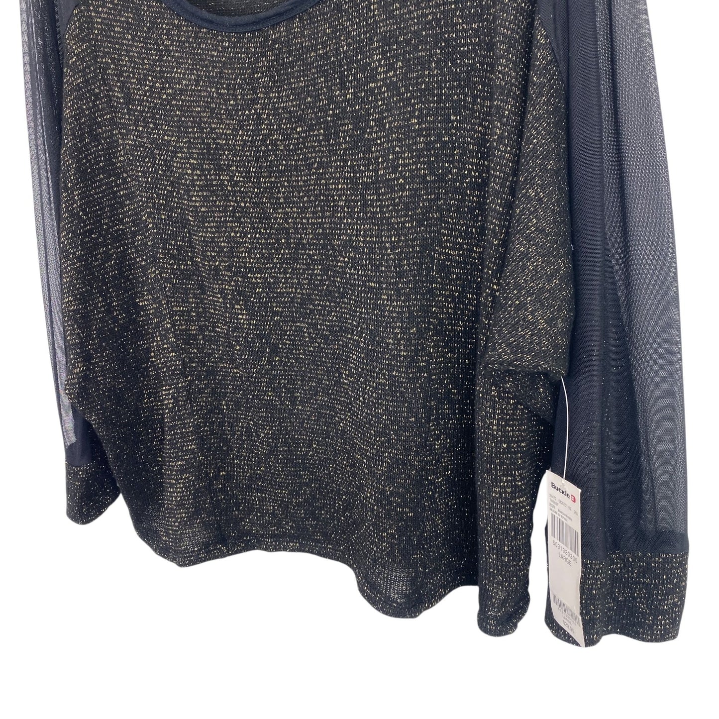 NWT Daytrip Womens L Wide Neck Top Black Metallic Gold Tinsel 3/4 Sheer Sleeves