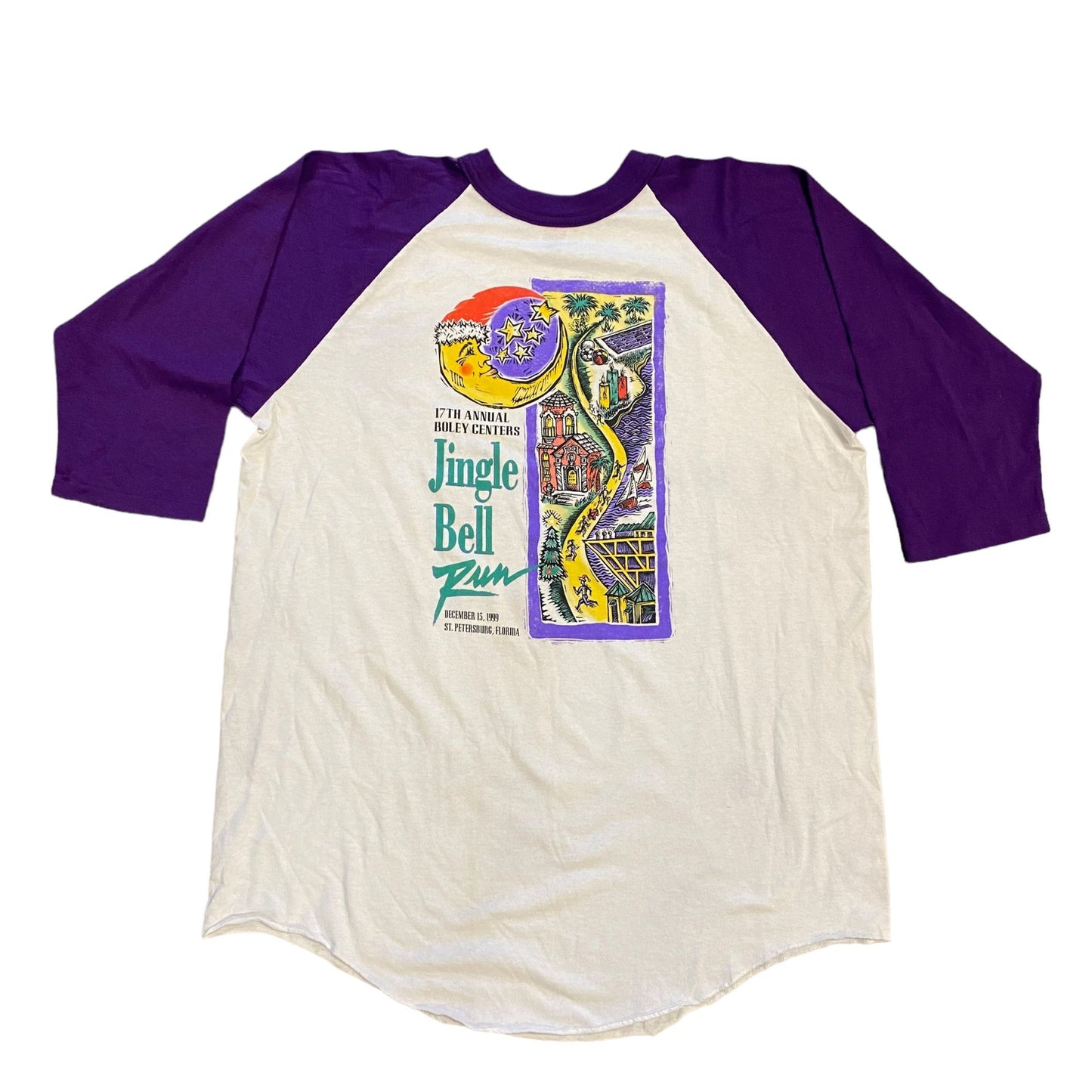 Vintage '99 Jingle Bell Run Raglan Soffe Tshirt Boley Center St Petersburg FL