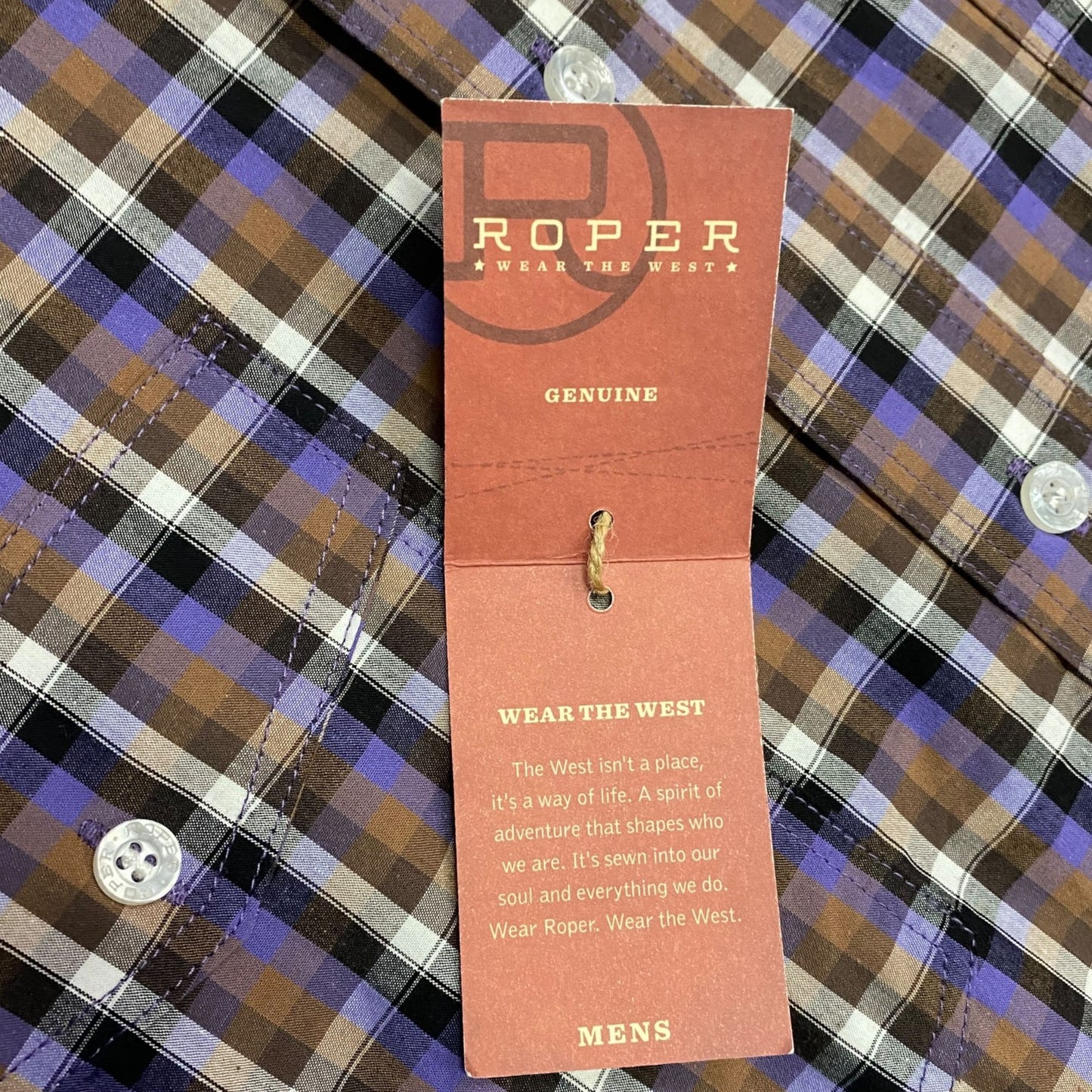 NWT Roper Mens M Purple Brown Plaid Western Shirt Button Up Contrast Cuff