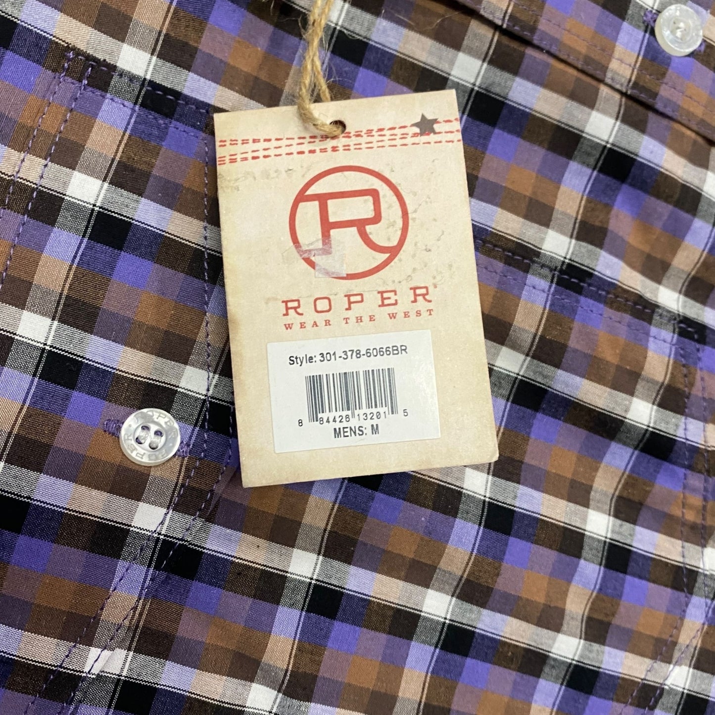 NWT Roper Mens M Purple Brown Plaid Western Shirt Button Up Contrast Cuff