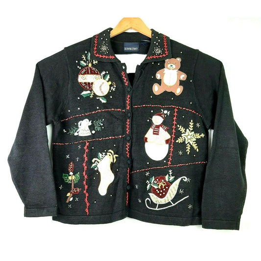 Womens Christmas Cardigan Sweater Medium DonnKenny Black Embroidered Holiday