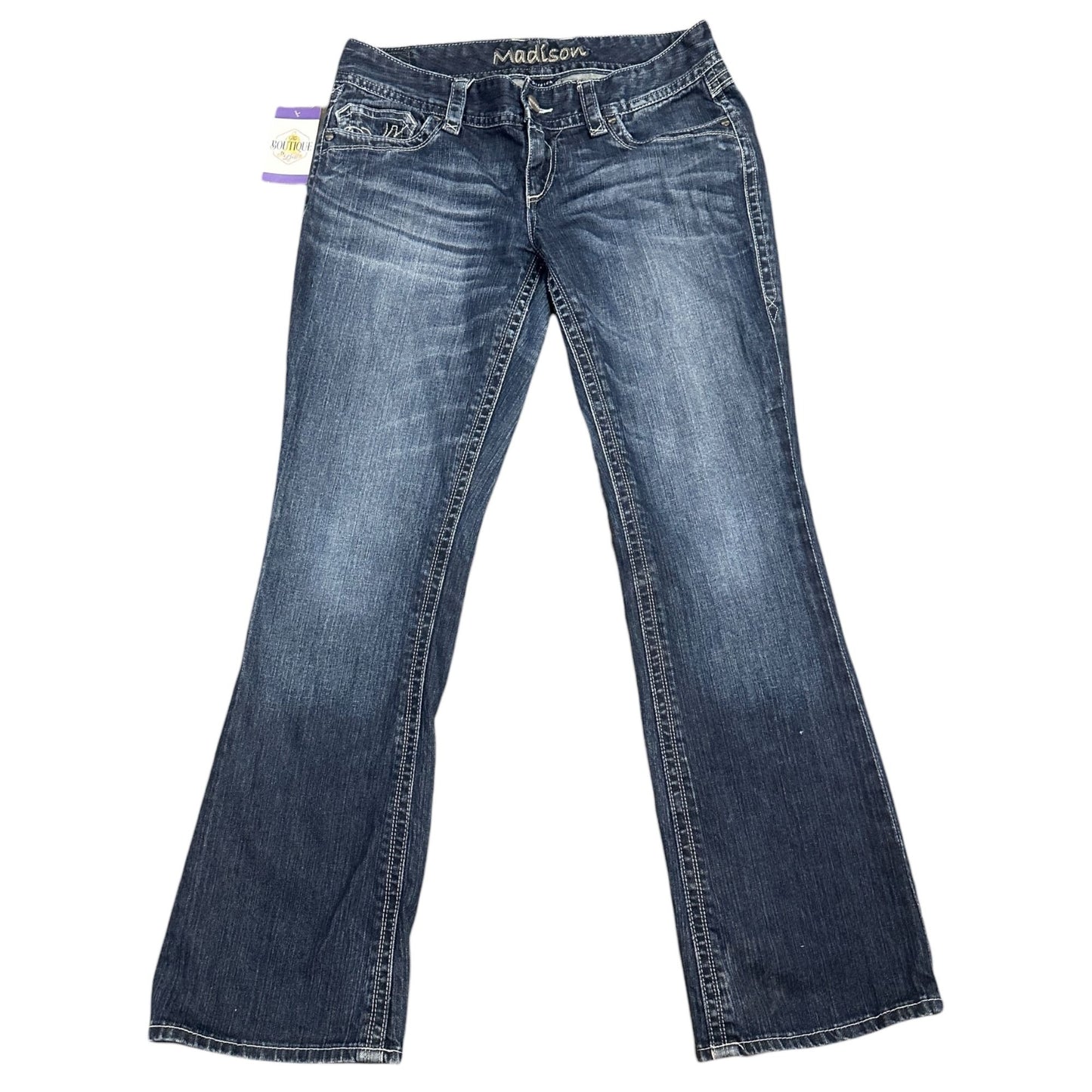 Madison Womens Bootcut Jeans 9/10 Thick Stitch Embroidered Flap Pocket Stretch