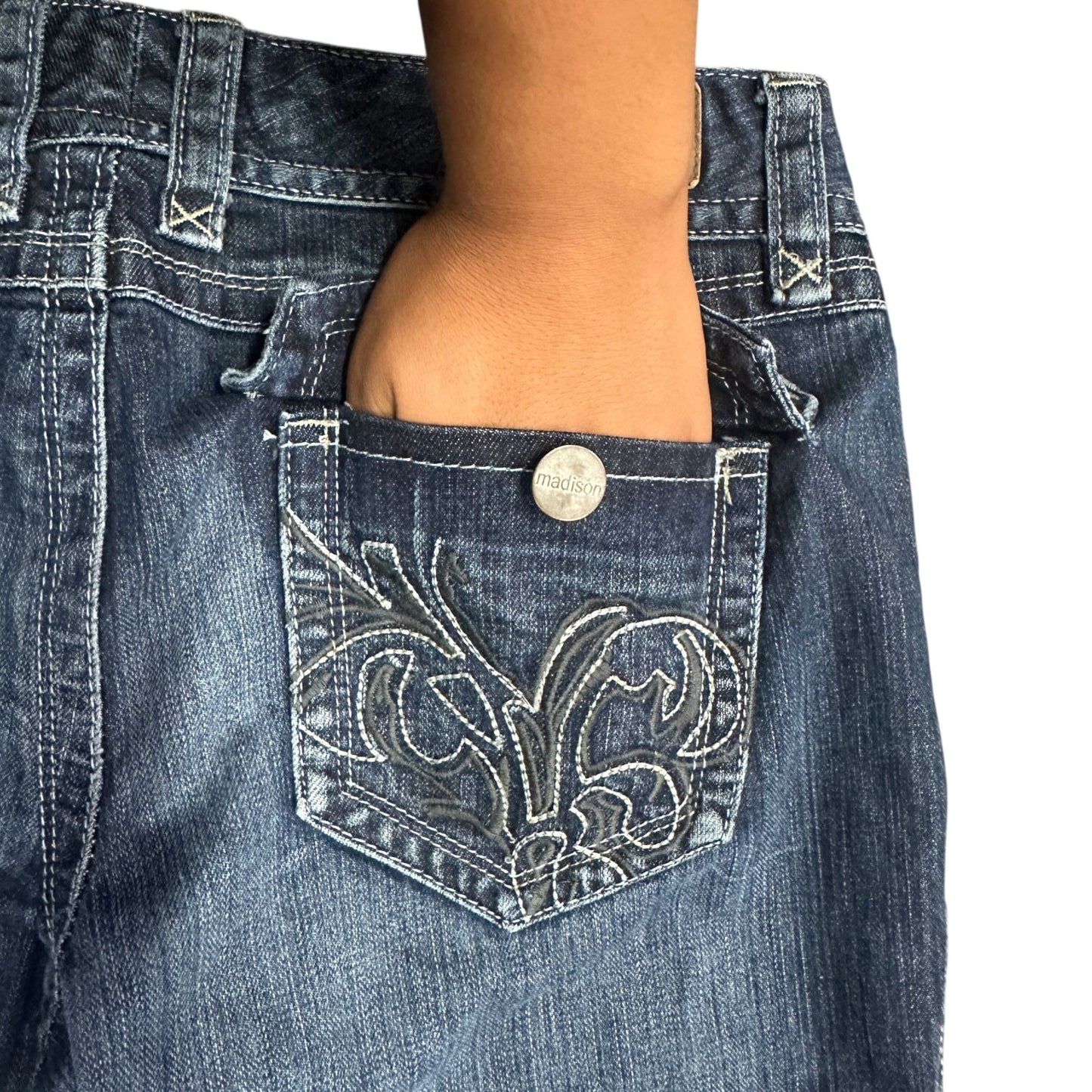 Madison Womens Bootcut Jeans 9/10 Thick Stitch Embroidered Flap Pocket Stretch