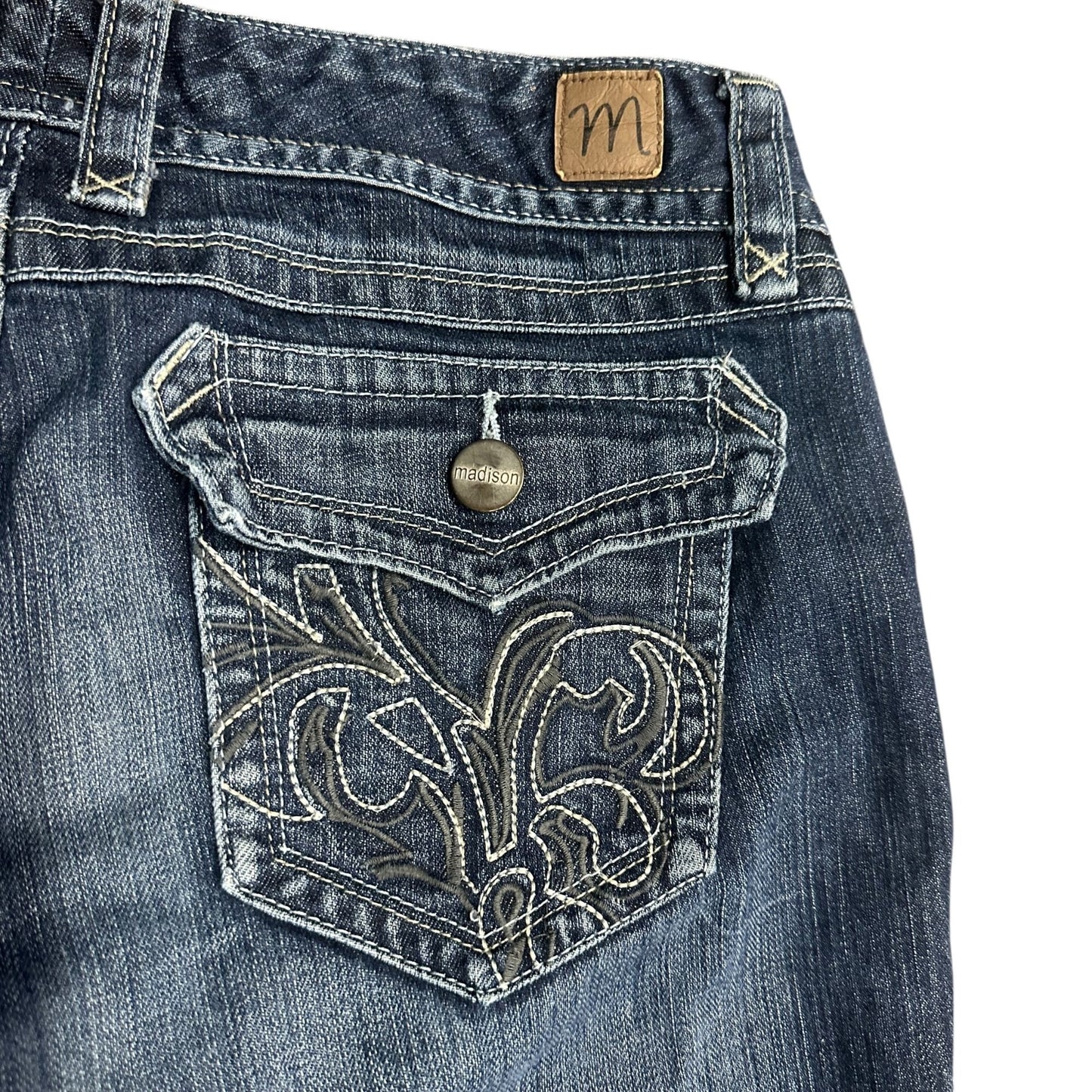 Madison Womens Bootcut Jeans 9/10 Thick Stitch Embroidered Flap Pocket Stretch