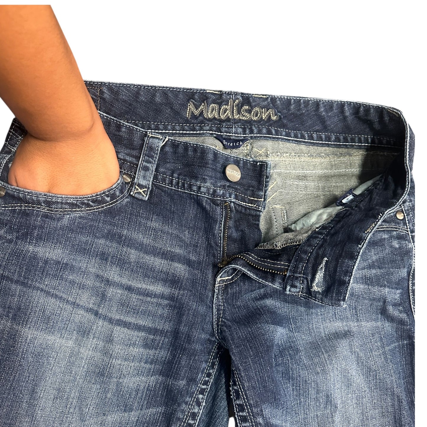 Madison Womens Bootcut Jeans 9/10 Thick Stitch Embroidered Flap Pocket Stretch