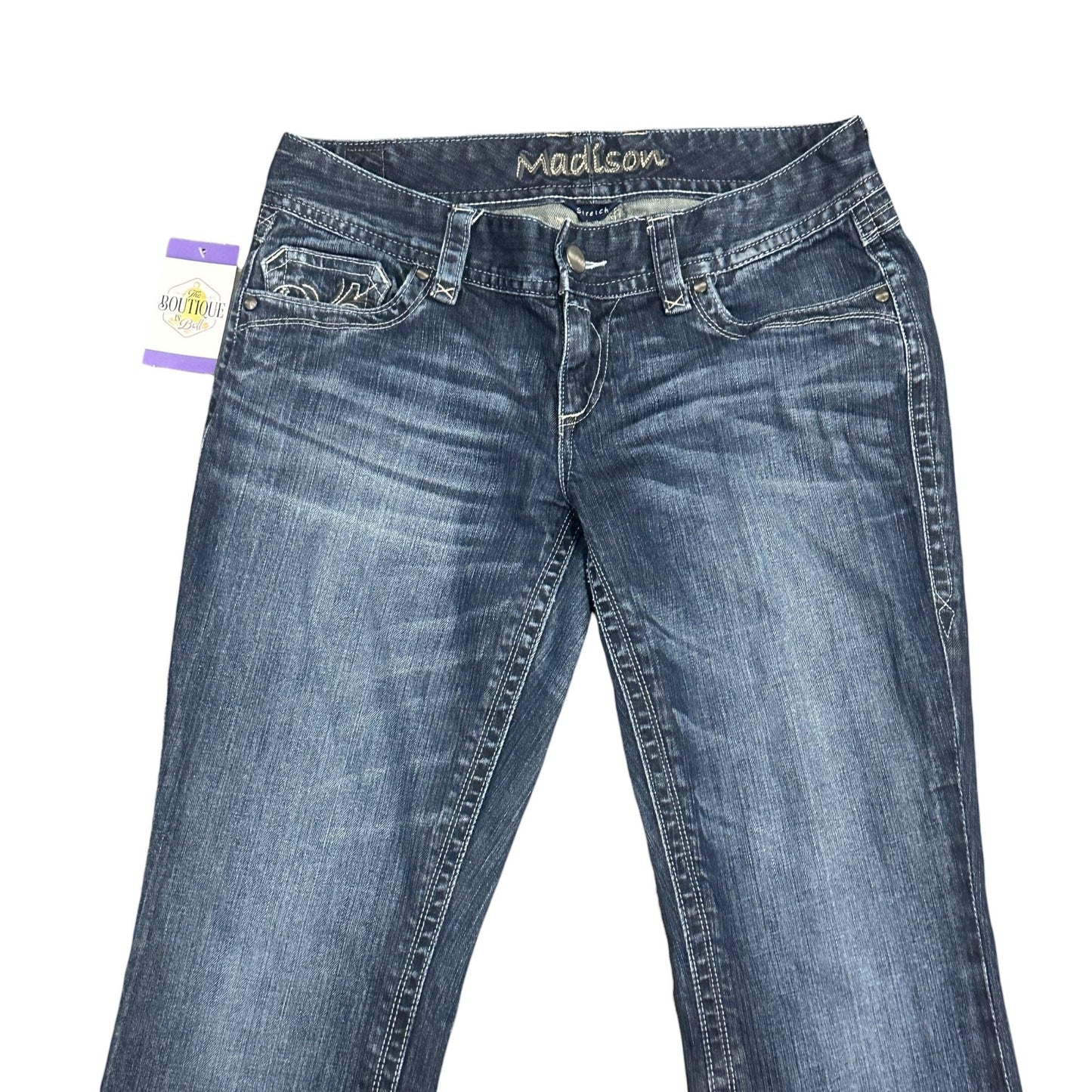Madison Womens Bootcut Jeans 9/10 Thick Stitch Embroidered Flap Pocket Stretch