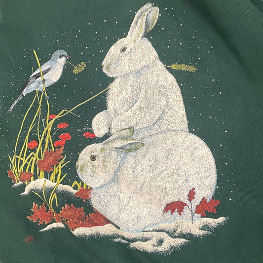 Vintage Cotton Grove XL Green Sweatshirt White Rabbit Blue Bird Spring Graphic