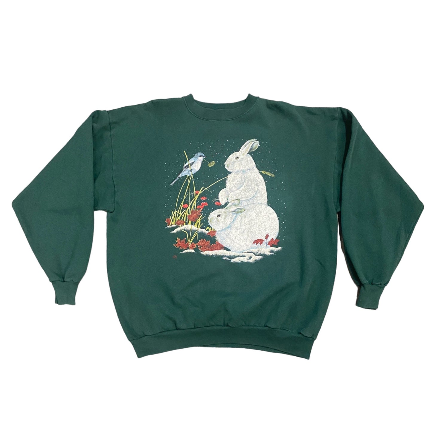 Vintage Cotton Grove XL Green Sweatshirt White Rabbit Blue Bird Spring Graphic