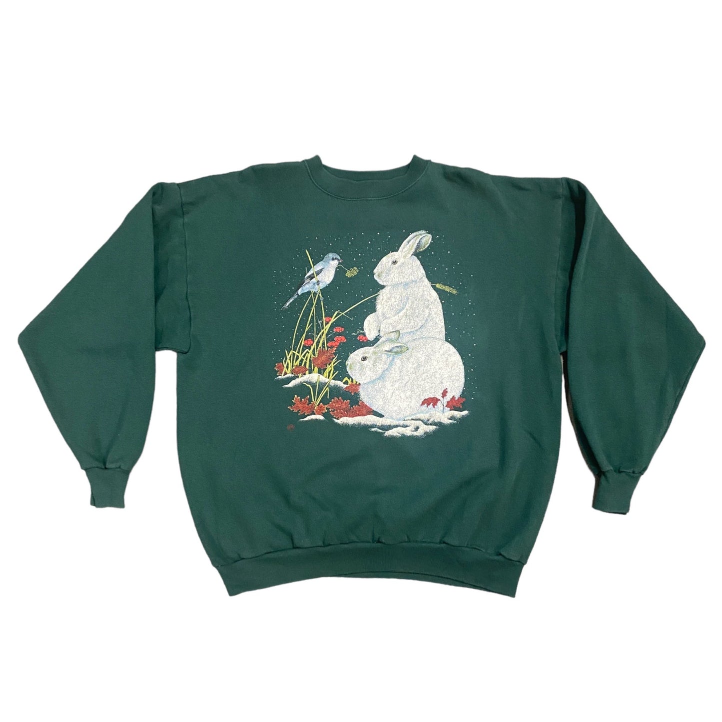 Vintage Cotton Grove XL Green Sweatshirt White Rabbit Blue Bird Spring Graphic