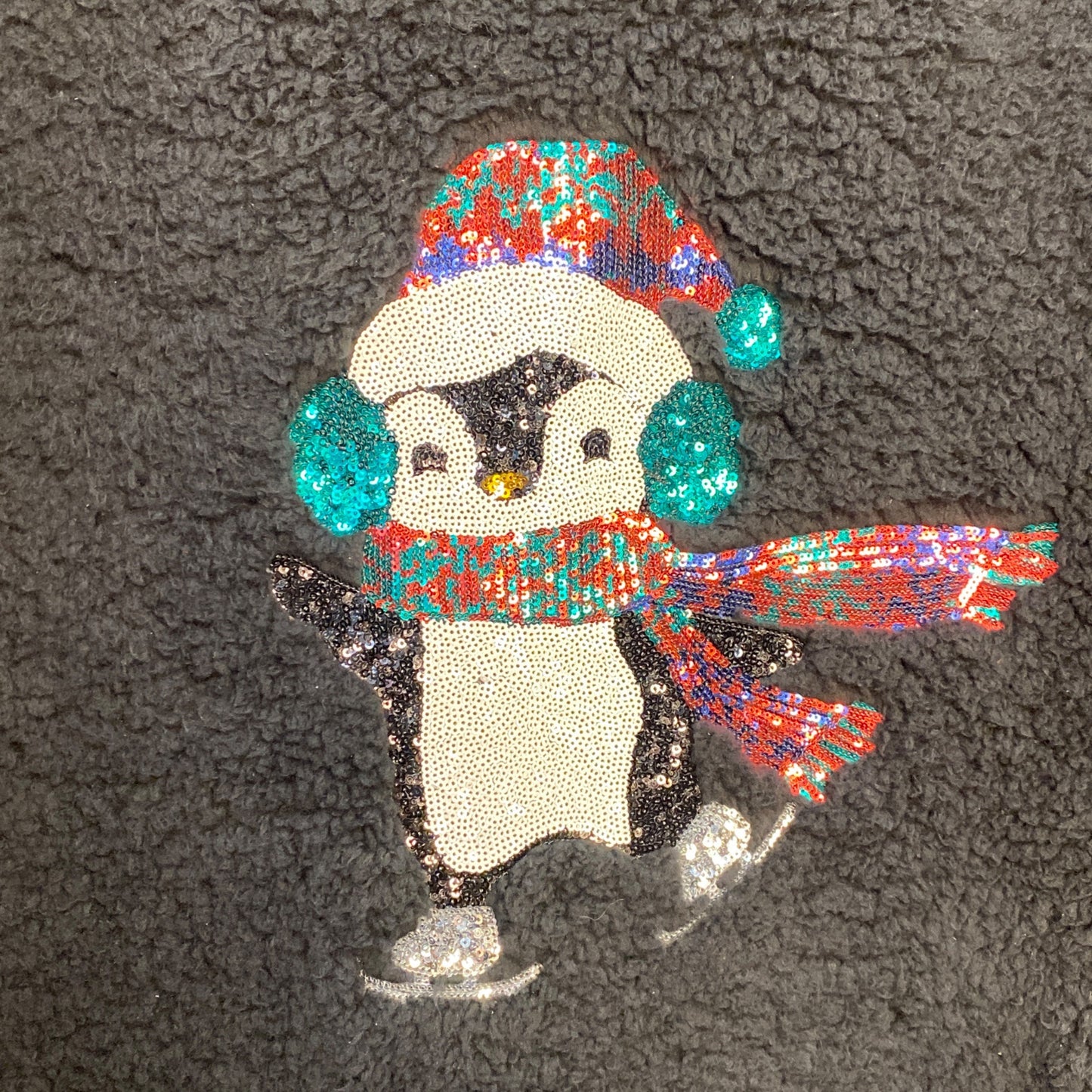 Sherpa Teddy Fleece Sweatshirt Penguin Sequin Black Cozy Winter Wear Holiday XL