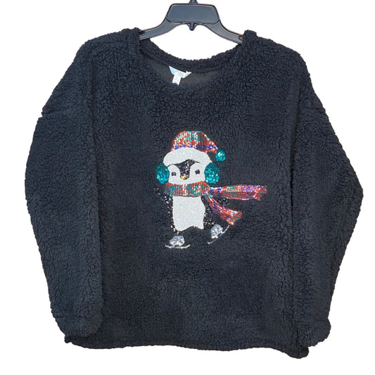 Sherpa Teddy Fleece Sweatshirt Penguin Sequin Black Cozy Winter Wear Holiday XL