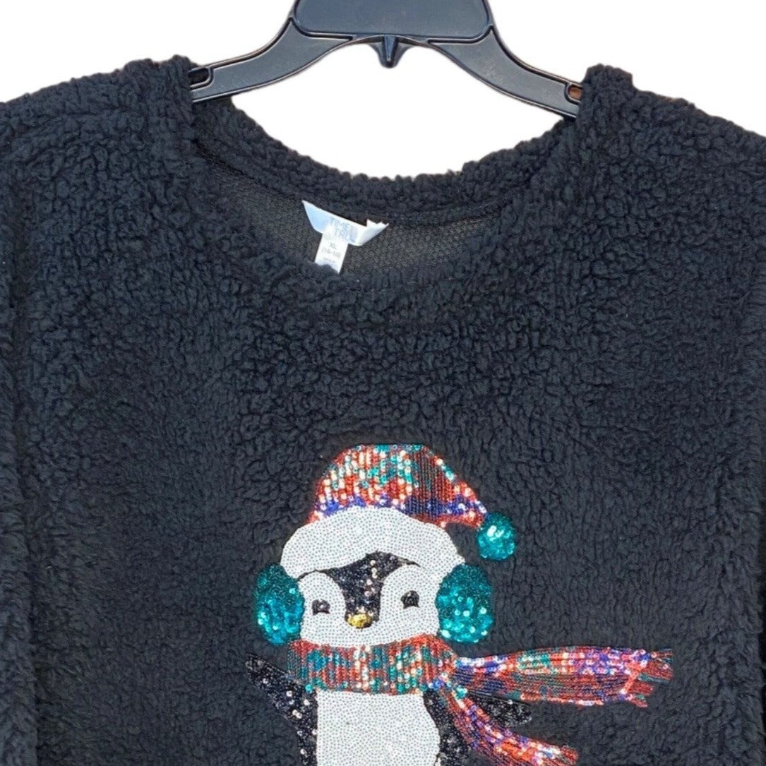 Sherpa Teddy Fleece Sweatshirt Penguin Sequin Black Cozy Winter Wear Holiday XL