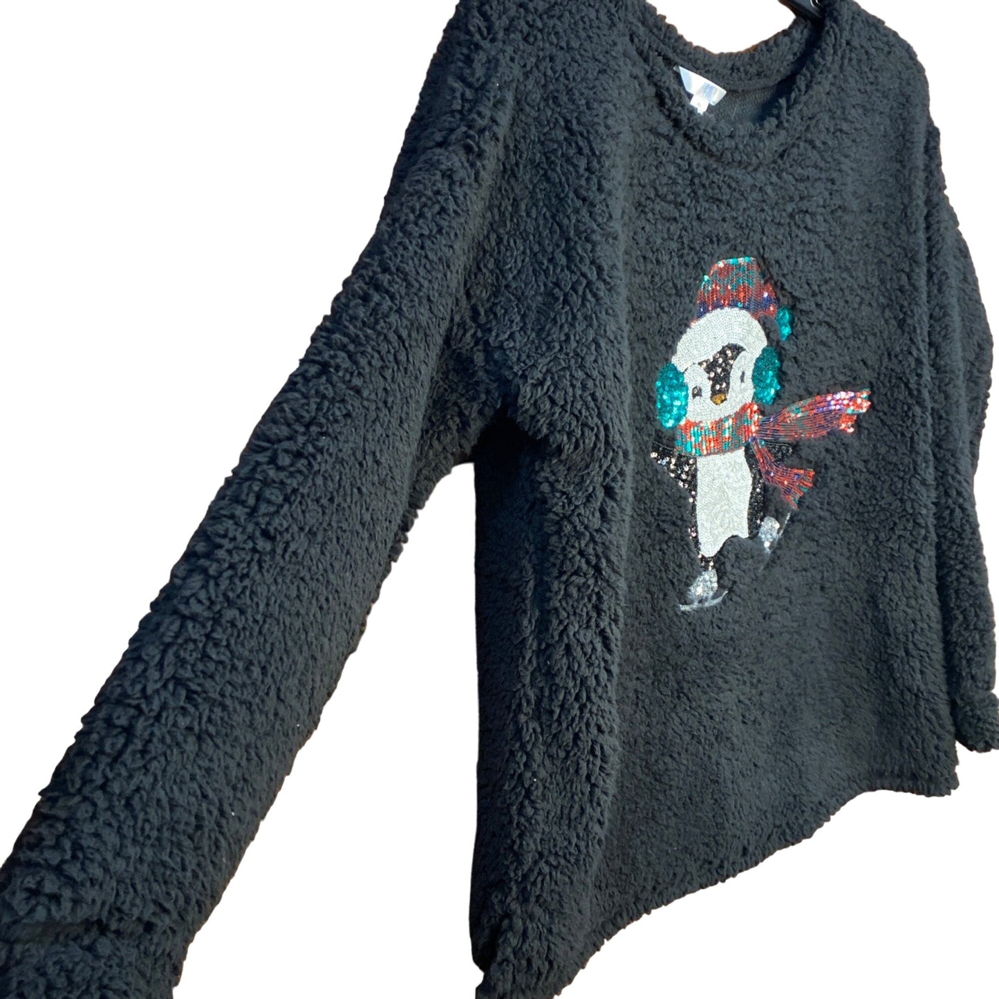 Sherpa Teddy Fleece Sweatshirt Penguin Sequin Black Cozy Winter Wear Holiday XL