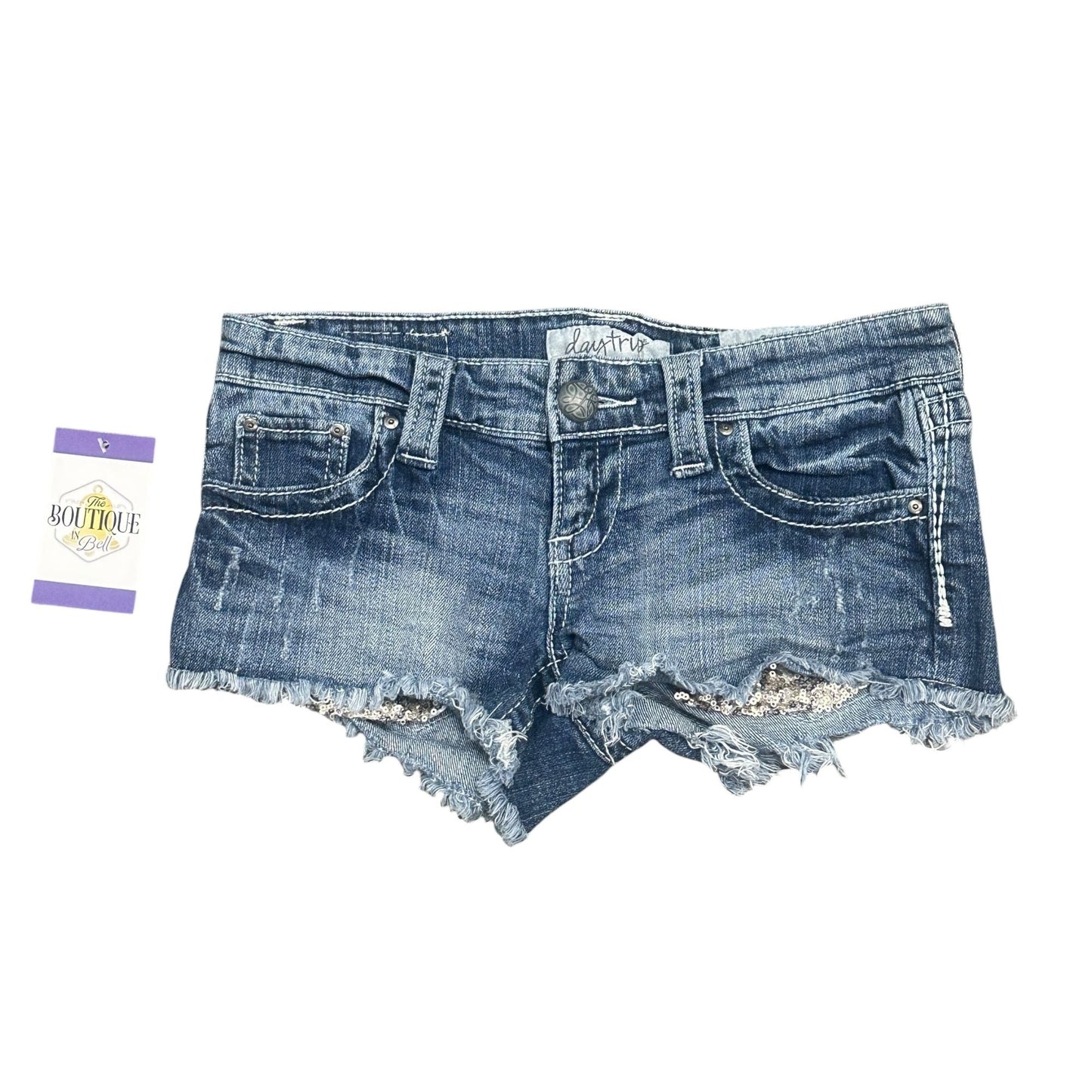 Daytrip Womens 25 Denim Shorts Sequin Accents Frayed Hem Stretch