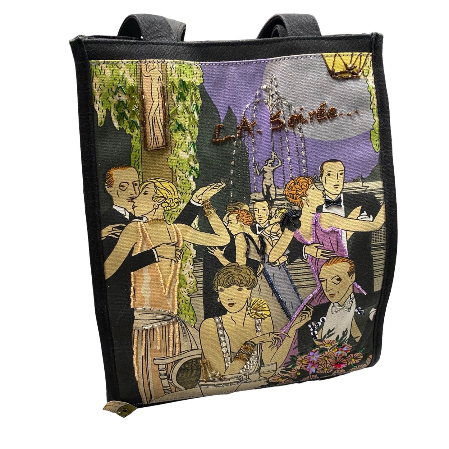 La Soiree Canvas Tote Bag Sequined Beaded Lined 11x 9 Gatsby Dancing Art Deco