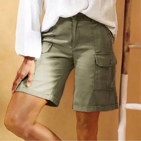 Soft Surroundings Womens PM Pali Cargo Shorts Olive Green Cuffed Elastic Waist