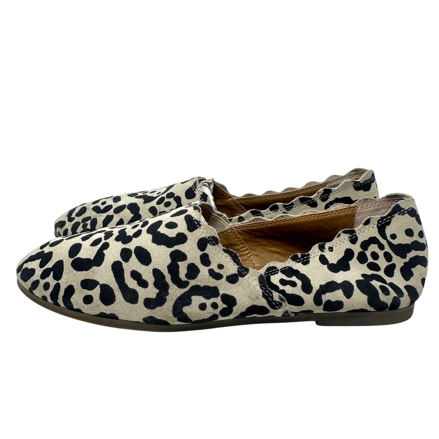 Lucky Brand Womens 9M Cloeey Scalloped Leopard Print Leather Flat Loafer Stone