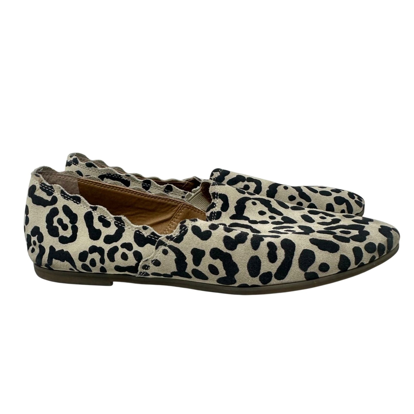Lucky Brand Womens 9M Cloeey Scalloped Leopard Print Leather Flat Loafer Stone