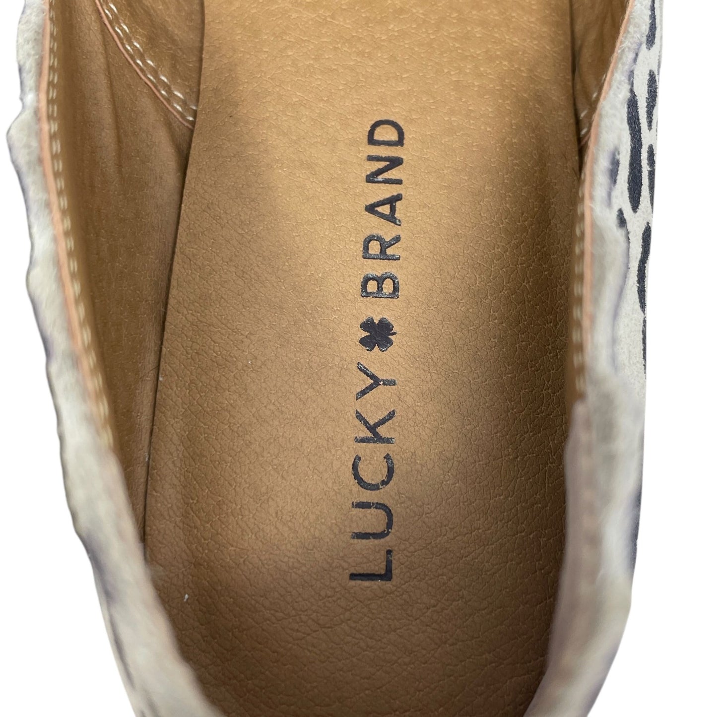 Lucky Brand Womens 9M Cloeey Scalloped Leopard Print Leather Flat Loafer Stone