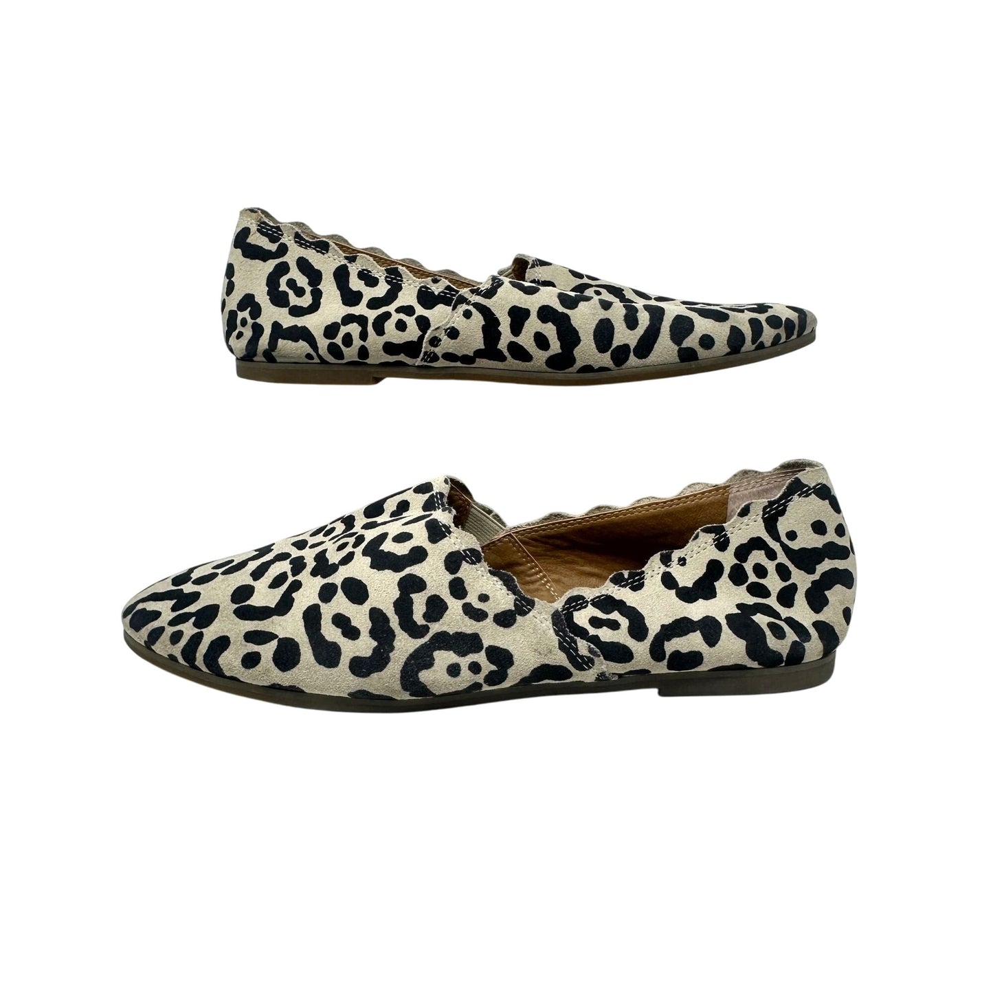 Lucky Brand Womens 9M Cloeey Scalloped Leopard Print Leather Flat Loafer Stone