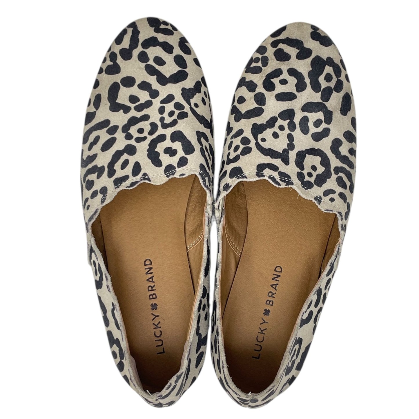 Lucky Brand Womens 9M Cloeey Scalloped Leopard Print Leather Flat Loafer Stone