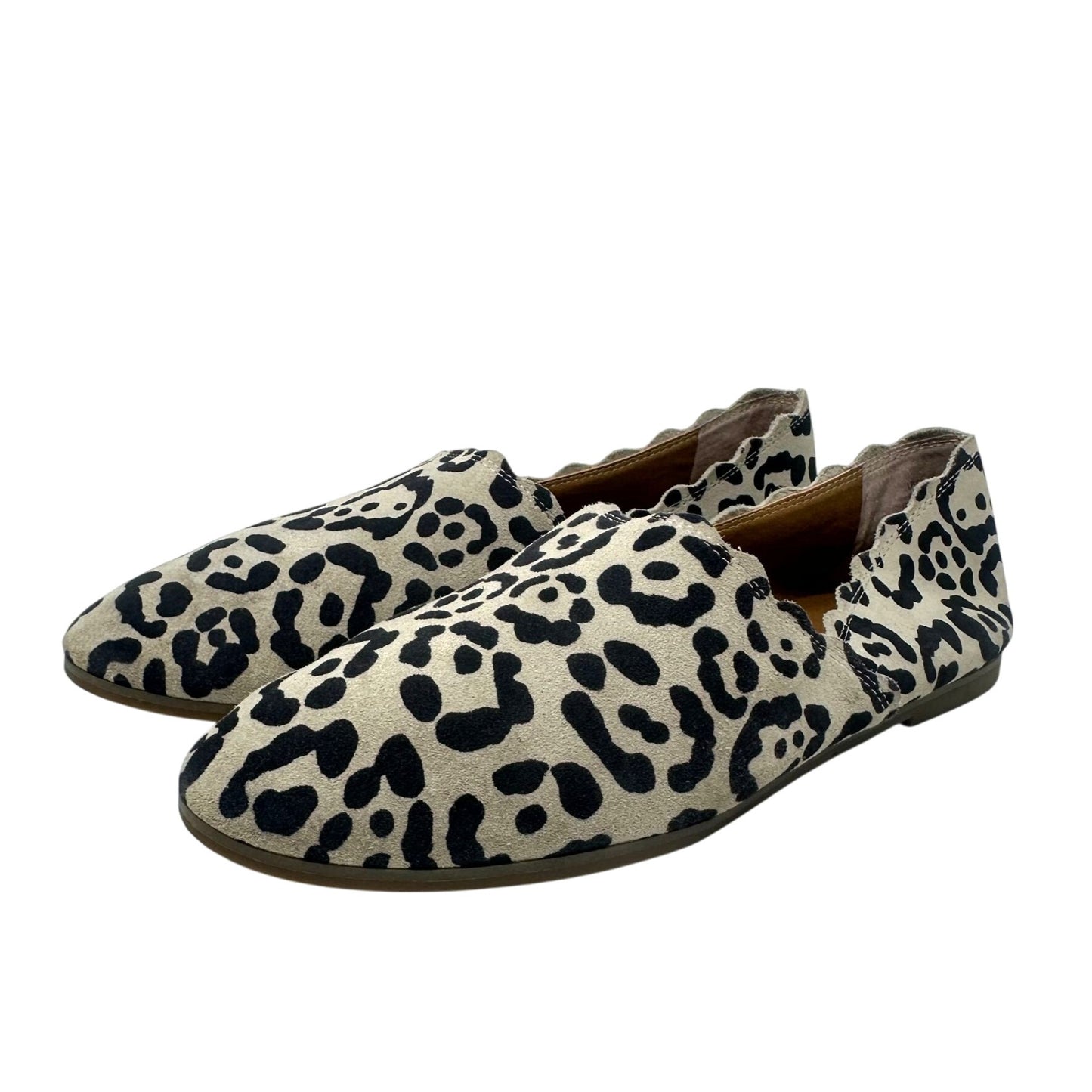 Lucky Brand Womens 9M Cloeey Scalloped Leopard Print Leather Flat Loafer Stone