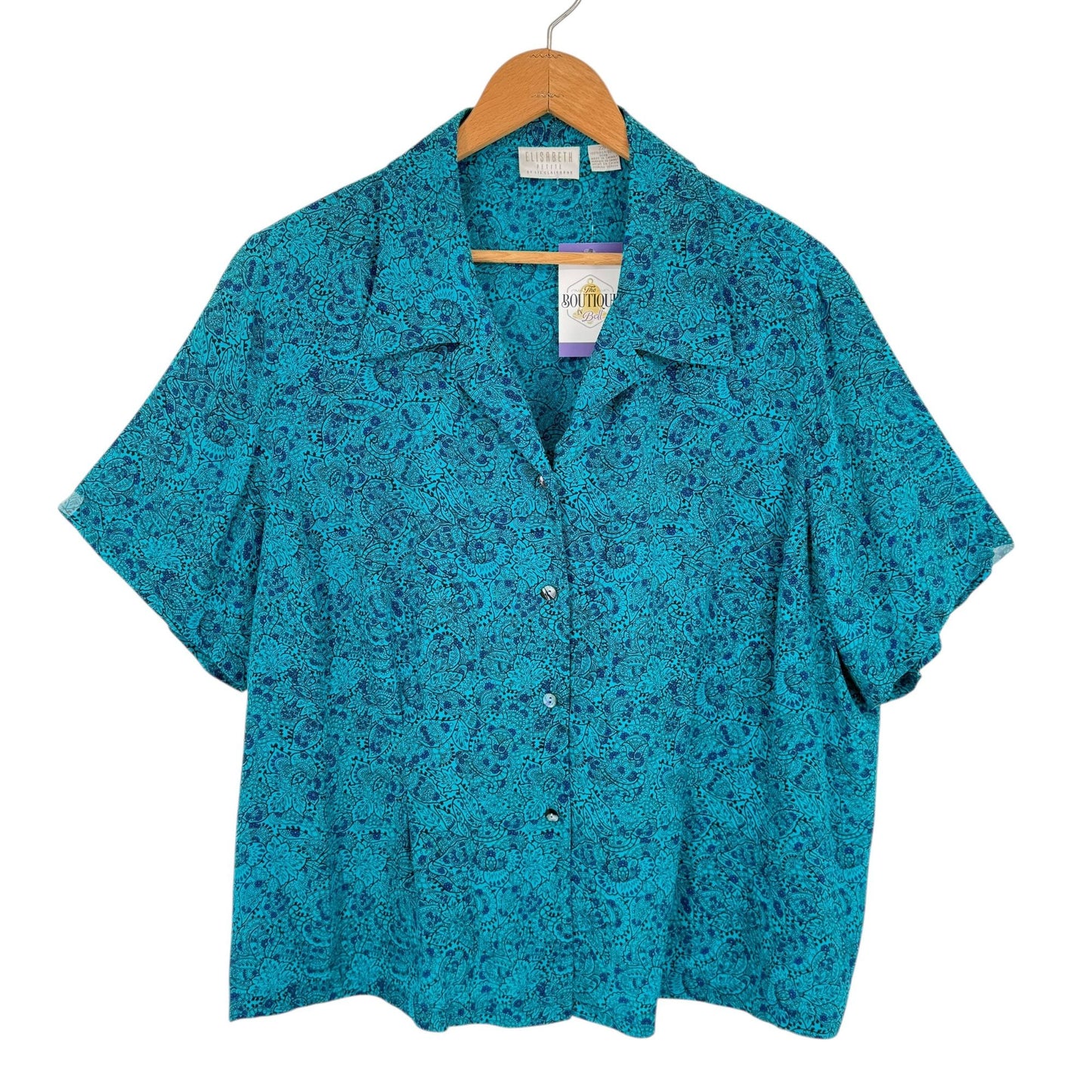 Vtg Liz Claiborne Elisabeth Silk Blouse 22P Blue Paisley Secretary Boxy Feminine