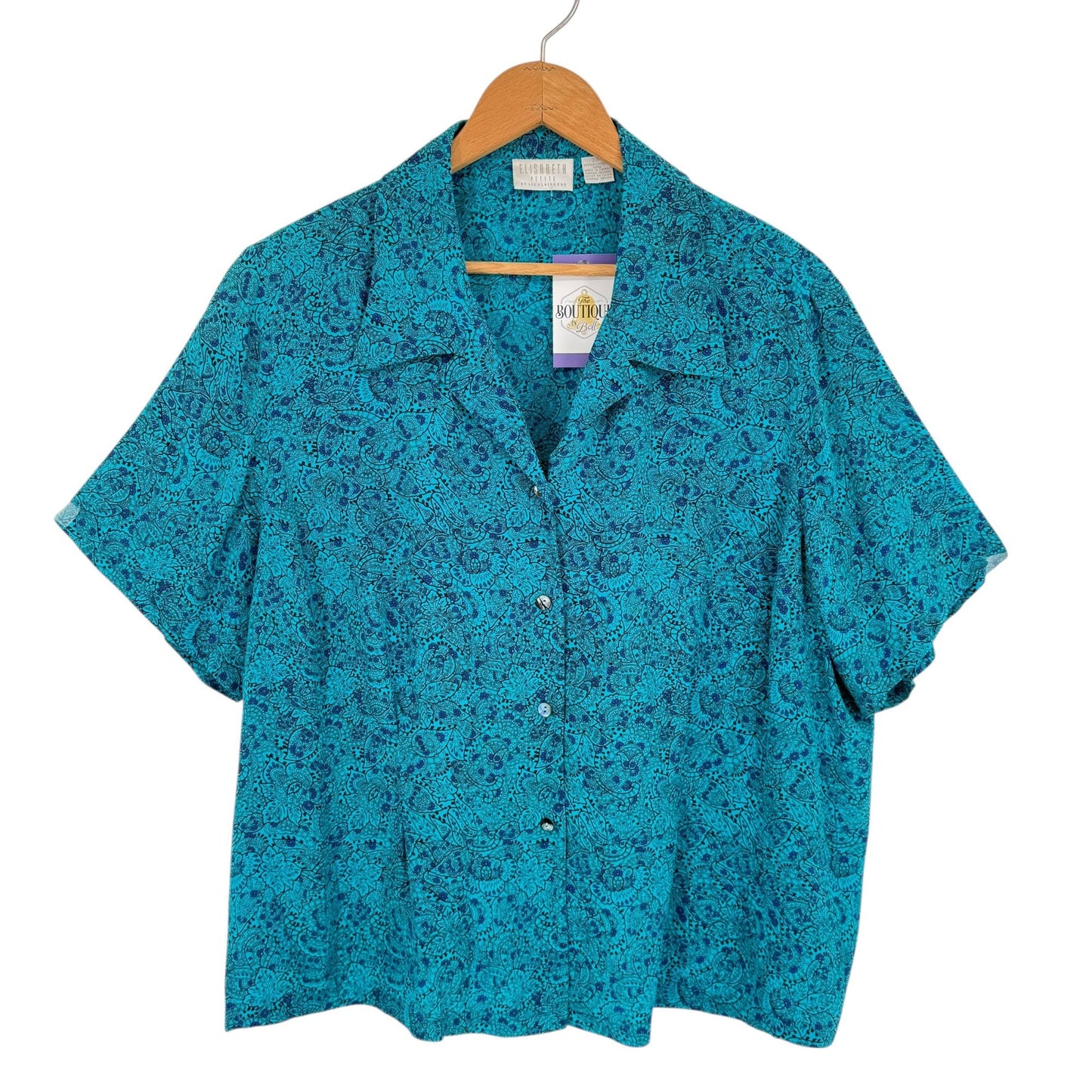 Vtg Liz Claiborne Elisabeth Silk Blouse 22P Blue Paisley Secretary Boxy Feminine
