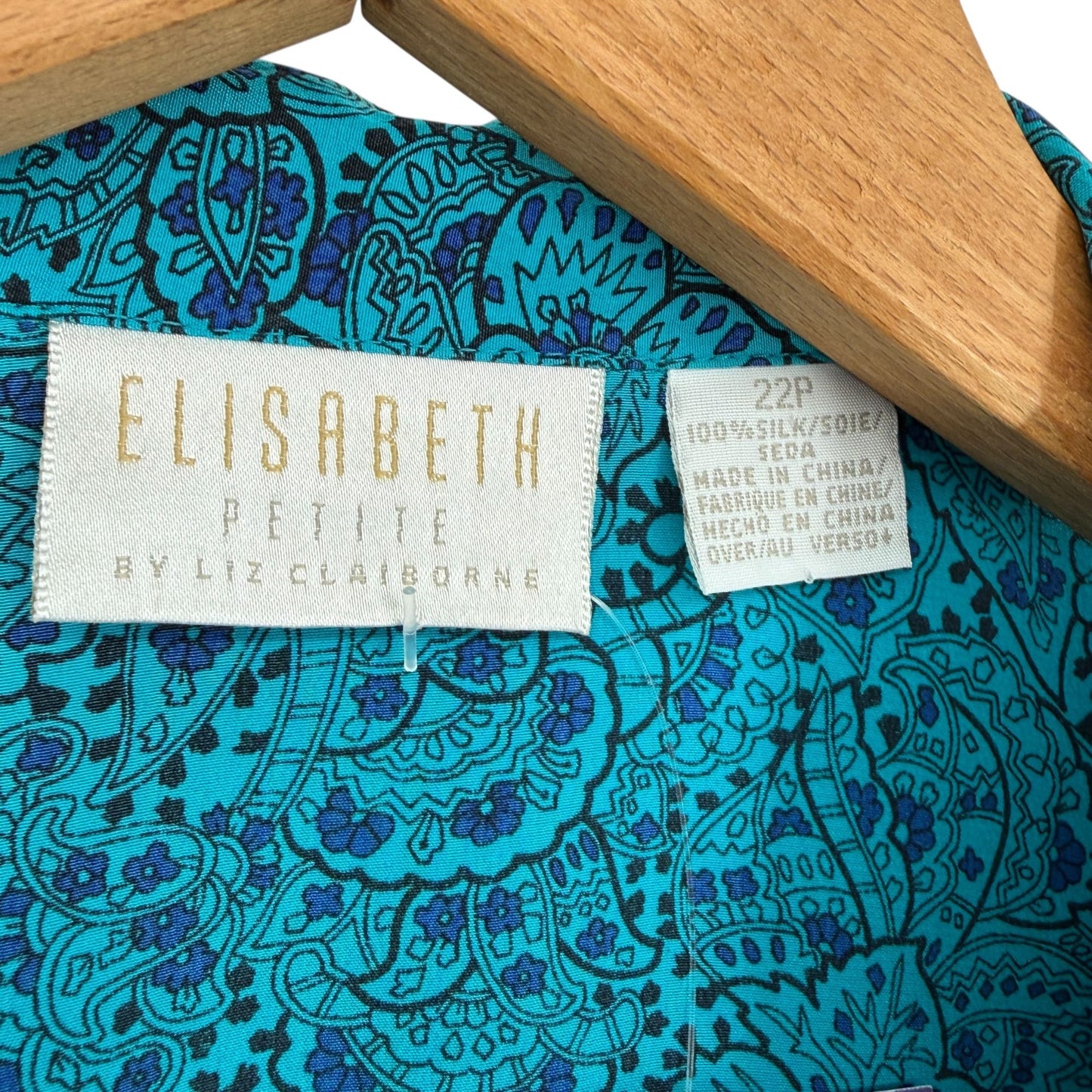 Vtg Liz Claiborne Elisabeth Silk Blouse 22P Blue Paisley Secretary Boxy Feminine