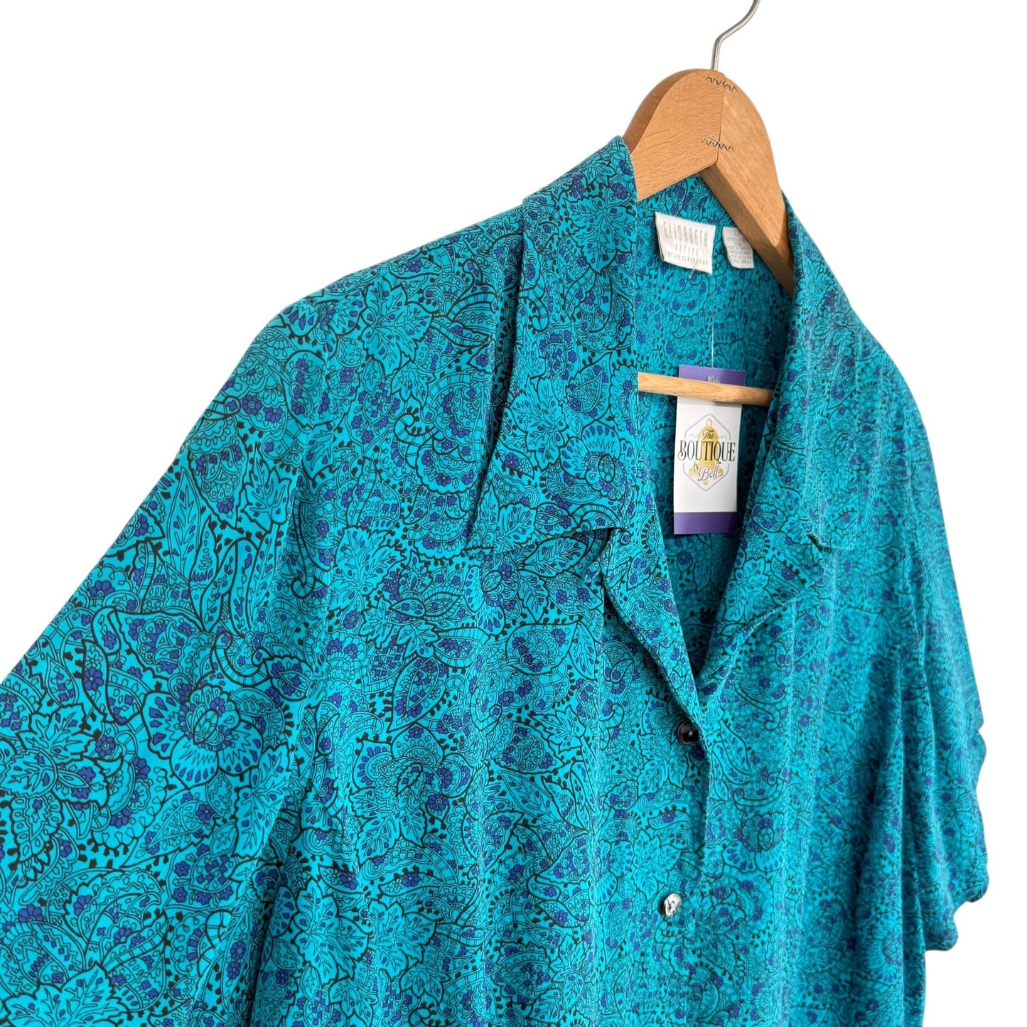Vtg Liz Claiborne Elisabeth Silk Blouse 22P Blue Paisley Secretary Boxy Feminine
