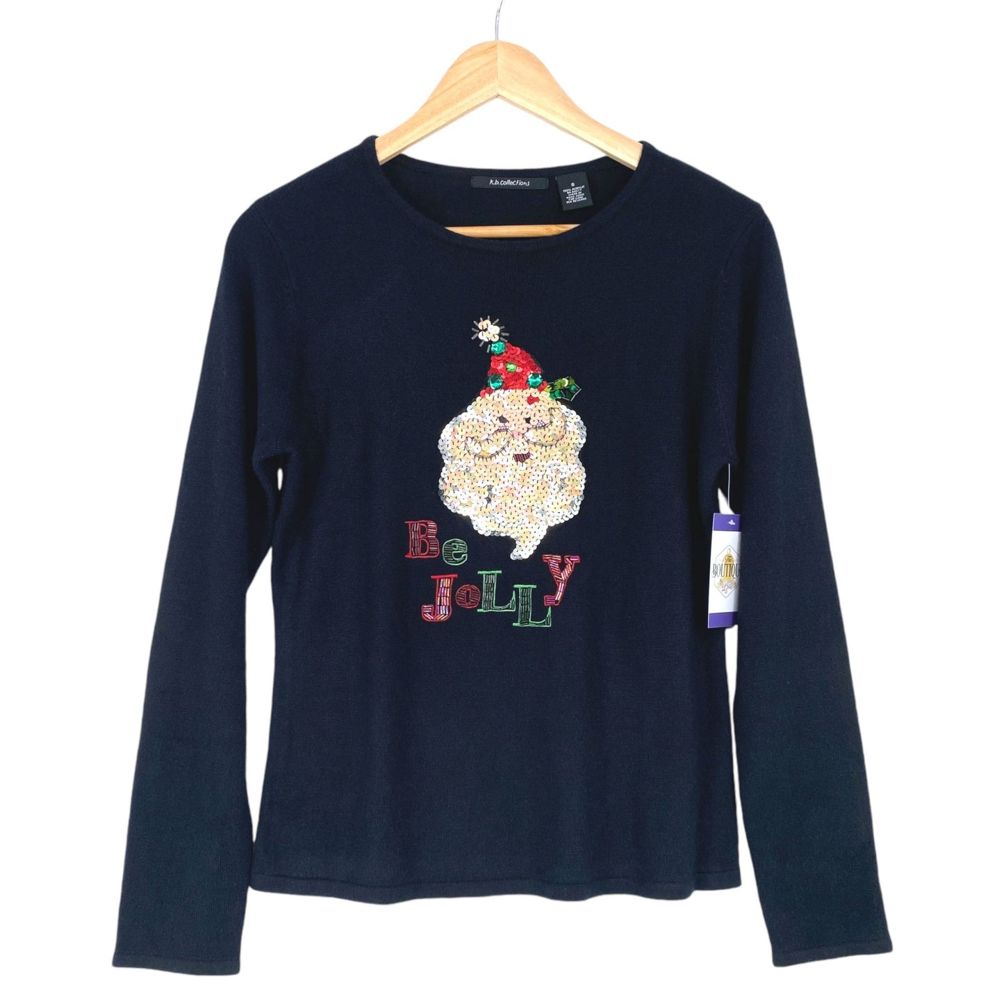 Santa Xmas Sweater K.B. Collections S Black "Be Jolly" Bling Festive Glam Kitsch