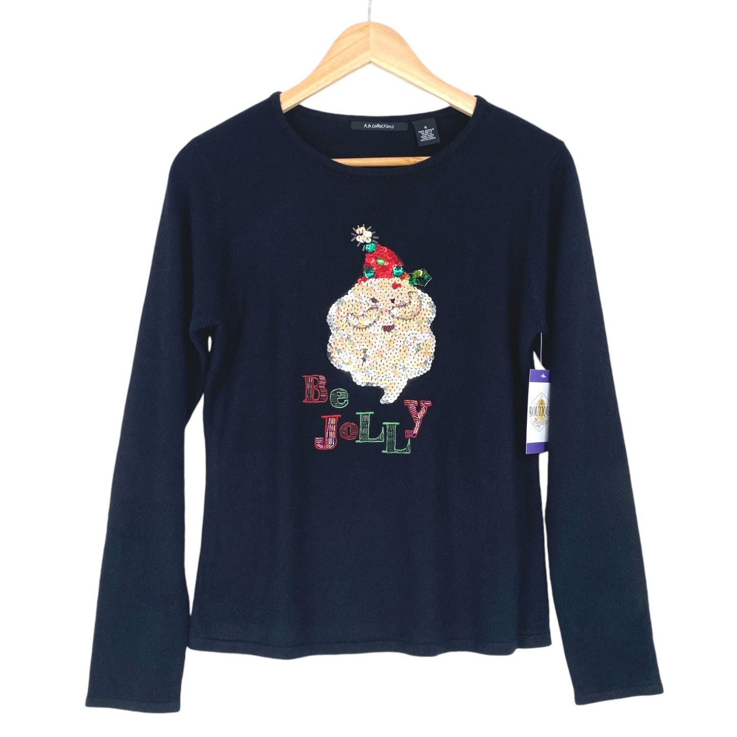 Santa Xmas Sweater K.B. Collections S Black "Be Jolly" Bling Festive Glam Kitsch