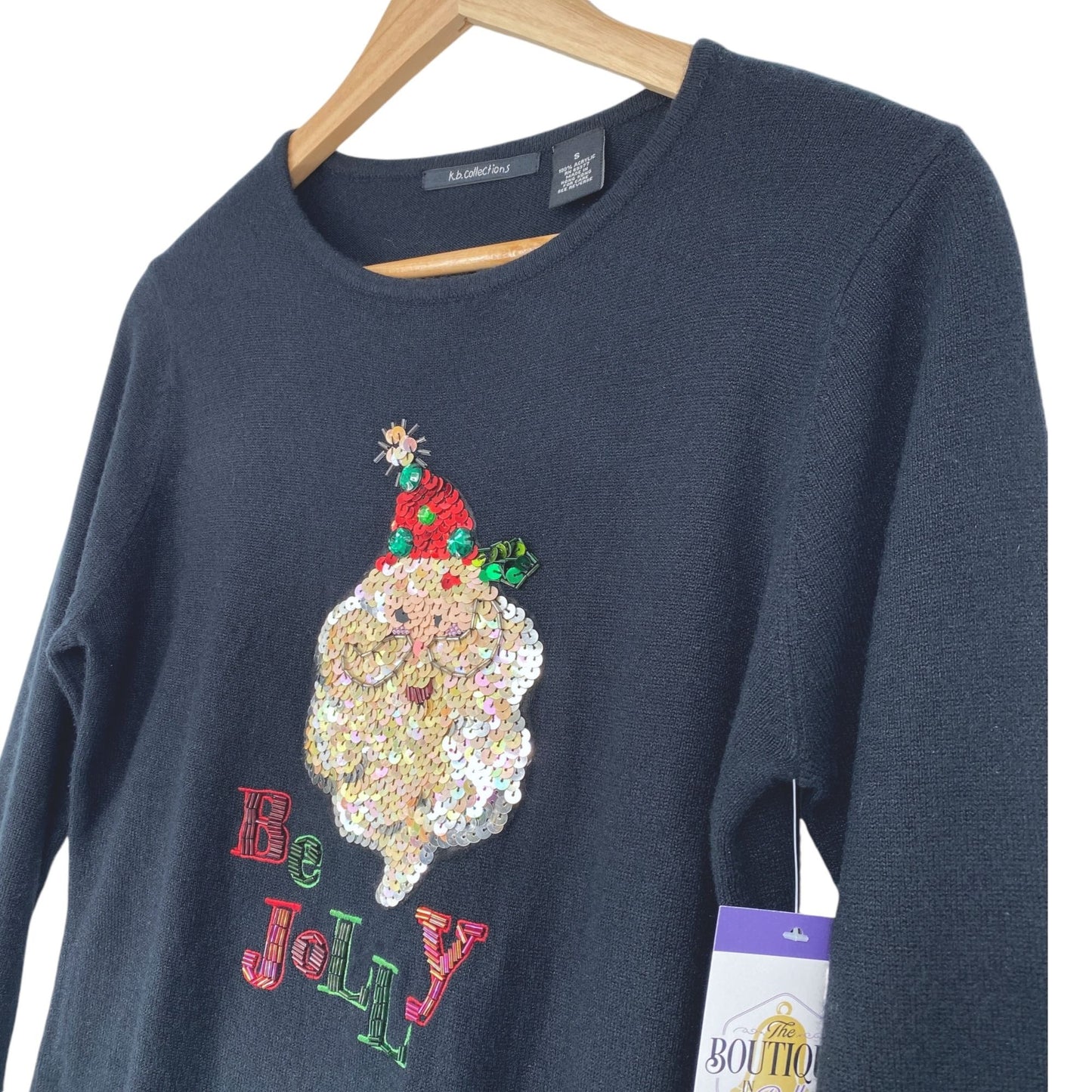 Santa Xmas Sweater K.B. Collections S Black "Be Jolly" Bling Festive Glam Kitsch